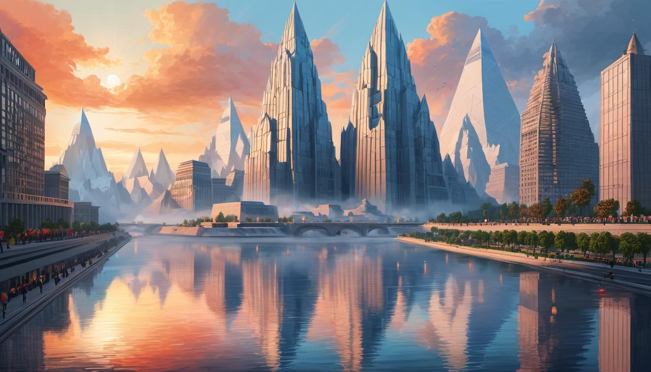  digital painting of Symbol of human achievement, a monumental structure towering over the city, people in awe observing, various smaller achievements scattered, depiction of vision and realization, inspirational, monumental looking at viewer, dynamic pose, (intricate details, masterpiece, best quality)