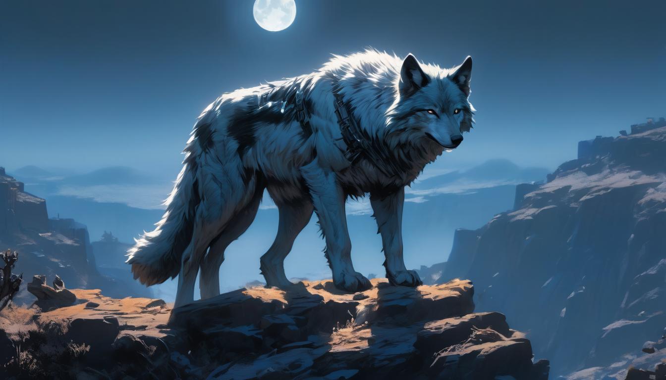  hyperrealism,fantasy aestheticA lone wolf, standing on a cliff edge, moonlight casting a silver glow on its fur, sharp eyes reflecting the lunar light, rugged wilderness background, sense of solitude, strength, high tech clothing clad in sleek, futuristic costume with metallic accents and form fitting designs, marvel superhero comics style, unreal engine rendering