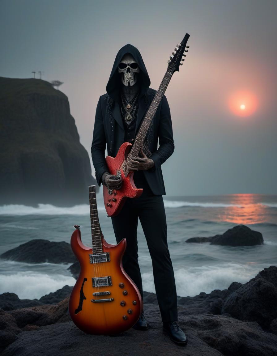  horror themed A ually gothic with an electric guitar, large s, and the sea as a background. . eerie, unsettling, dark, spooky, suspenseful, grim, highly detailed hyperrealistic, full body, detailed clothing, highly detailed, cinematic lighting, stunningly beautiful, intricate, sharp focus, f/1. 8, 85mm, (centered image composition), (professionally color graded), ((bright soft diffused light)), volumetric fog, trending on instagram, trending on tumblr, HDR 4K, 8K