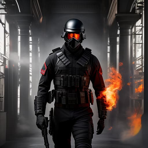  A soldier in a black red uniform and mask, holding a flame, looks into the distance. hyperrealistic, full body, detailed clothing, highly detailed, cinematic lighting, stunningly beautiful, intricate, sharp focus, f/1. 8, 85mm, (centered image composition), (professionally color graded), ((bright soft diffused light)), volumetric fog, trending on instagram, trending on tumblr, HDR 4K, 8K