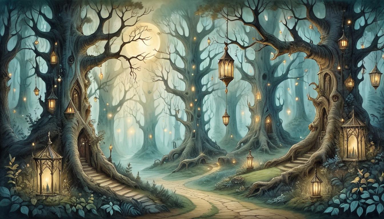  on parchment, surrealism+++, Glimmering enchanted forest, fairy lights hovering, ancient trees with intricate bark patterns, magical, serene(mysterious, provocative, symbolic,muted color)+++