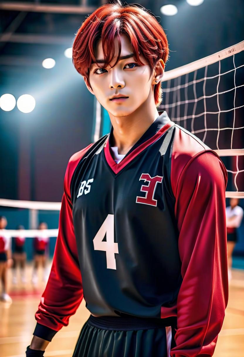  cinematic photo Kim Taehyung from BTS, red hair, Korean school volleyball uniform, volleyball net in the background, active male character . 35mm photograph, film, bokeh, professional, 4k, highly detailed hyperrealistic, full body, detailed clothing, highly detailed, cinematic lighting, stunningly beautiful, intricate, sharp focus, f/1. 8, 85mm, (centered image composition), (professionally color graded), ((bright soft diffused light)), volumetric fog, trending on instagram, trending on tumblr, HDR 4K, 8K