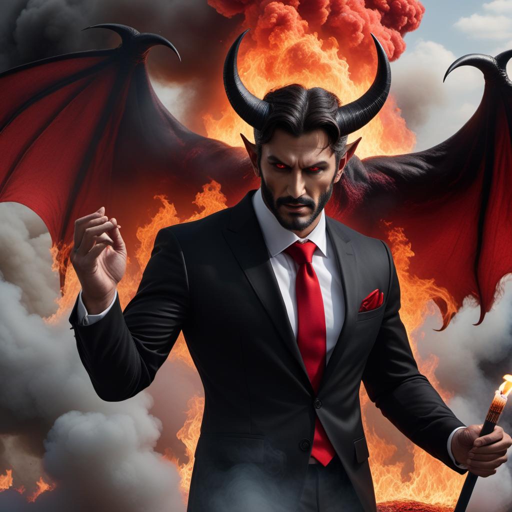  A pencil-drawn scene depicting the devil's introduction. The devil appears in a cloud of smoke and flames. The devil should have sharp features, horns, with a menacing yet charismatic expression. He is dressed in a traditional black suit with a red tie. The background should be detailed enough to capture the eerie atmosphere with the smoke and flames but not overly complicated. hyperrealistic, full body, detailed clothing, highly detailed, cinematic lighting, stunningly beautiful, intricate, sharp focus, f/1. 8, 85mm, (centered image composition), (professionally color graded), ((bright soft diffused light)), volumetric fog, trending on instagram, trending on tumblr, HDR 4K, 8K