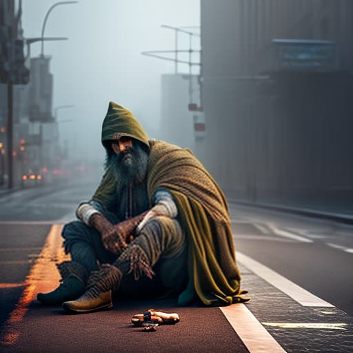 estilovintedois photo about homeless Cinematic Quality hyperrealistic, full body, detailed clothing, highly detailed, cinematic lighting, stunningly beautiful, intricate, sharp focus, f/1. 8, 85mm, (centered image composition), (professionally color graded), ((bright soft diffused light)), volumetric fog, trending on instagram, trending on tumblr, HDR 4K, 8K