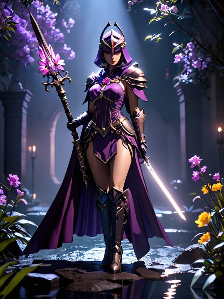  score 9, score 8 up, score 7 up, detailed, aesthetic, 8k unreal engine photorealism, ethereal lighting, purple, nighttime, darkness, surreal art, fantasy, glowing, <lora:Malenia XLPD:1> MaleniaDef, armor, cape, helmet, brown dress, prothestic leg, single mechanical arm, prosthesis, mechanical leg, sword, holding sword, full body, wide shot, flower, water, solo, sunset, night, (dark environment), hyperrealistic, full body, detailed clothing, highly detailed, cinematic lighting, stunningly beautiful, intricate, sharp focus, f/1. 8, 85mm, (centered image composition), (professionally color graded), ((bright soft diffused light)), volumetric fog, trending on instagram, trending on tumblr, HDR 4K, 8K