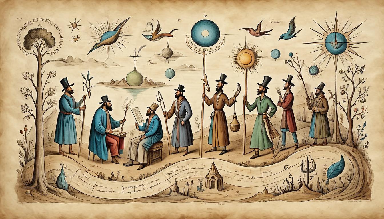  on parchment, surrealism+++, Diverse group of individuals performing different daily activities, visualizing success, bright and hopeful expressions, energy flowing between them, unity and motivation(mysterious, provocative, symbolic,muted color)+++