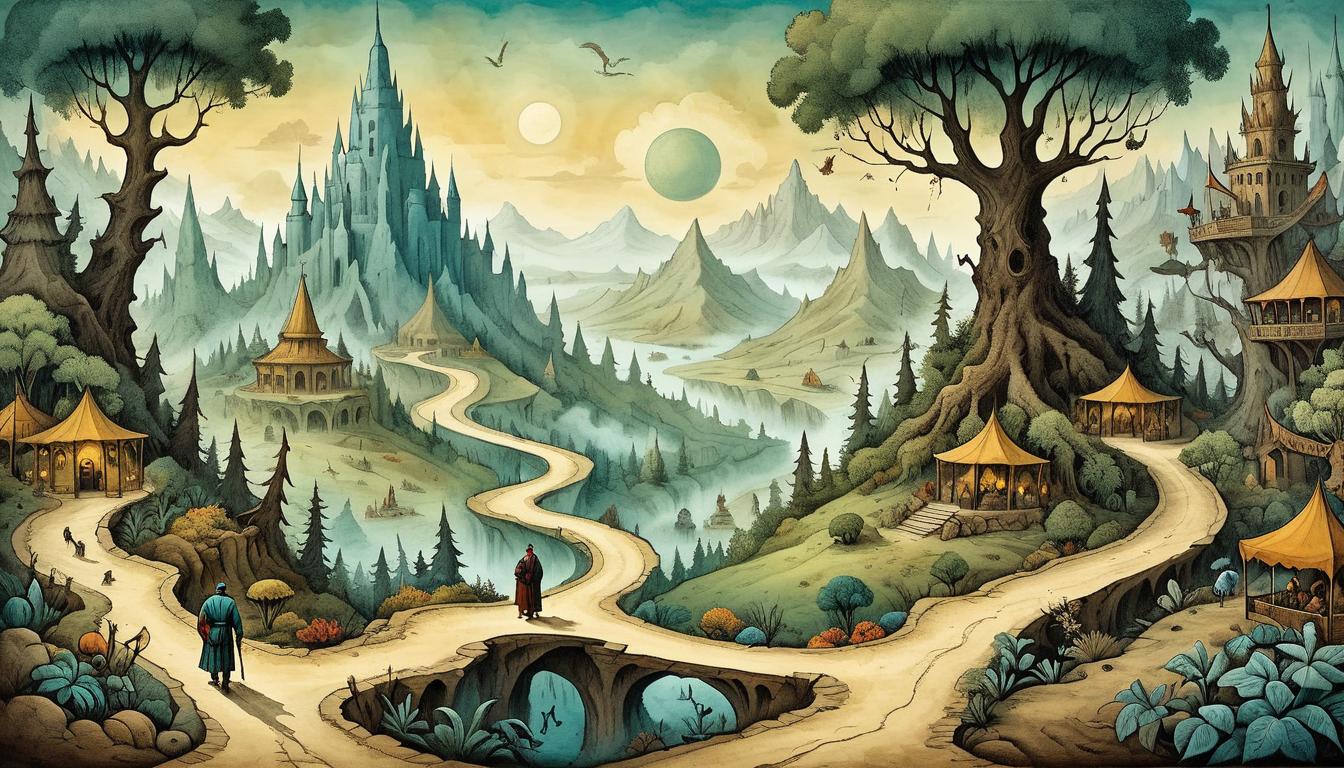  on parchment, surrealism+++, Man traveling various terrains, different sceneries. Pathways through forests, deserts, bustling markets, sense of purpose, relentless pursuit(mysterious, provocative, symbolic,muted color)+++