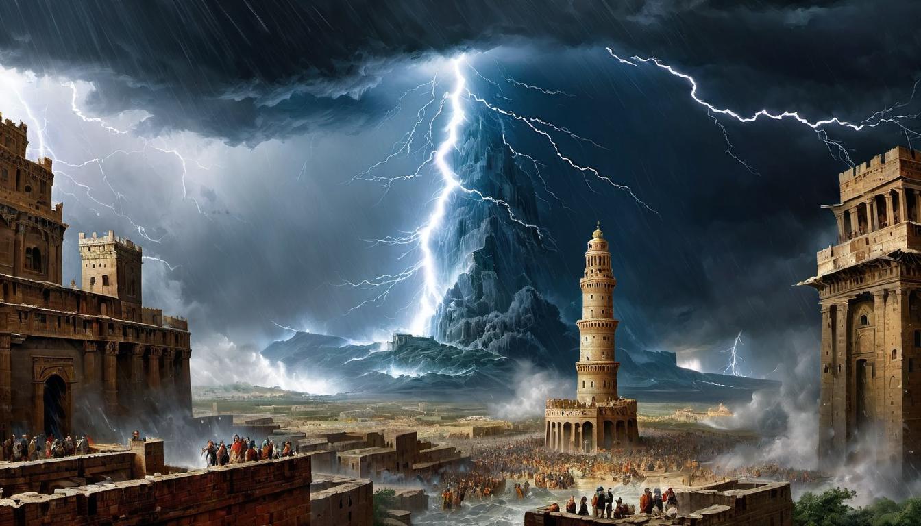  digital painting of The storm intensifying around the Tower of Babel, lightning and rain striking with greater force, workers fleeing, Nimrod standing firm, climactic, tempestuous, chaotic looking at viewer, dynamic pose, (intricate details, masterpiece, best quality)