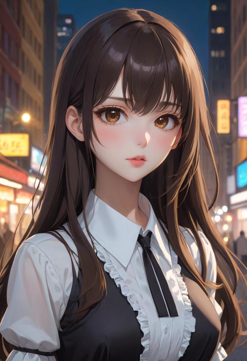  anime artwork beautiful , , oblique bangs, a mole under the lower lip in the middle of the chin. white skinned, European, brown eyes, long brown straight hair, side bangs, mole under the lower lip, slender figure, small neat s, dressed in a black dress with a white collar and white cuffs, full length, against the backdrop of a modern city. Skyscrs of Moscow City (photorealism, oil painting: 1.3), (full length shot: 1.3), charming , long flowing black hair, (large sensual mouth: 1.2), plump lips, sparkling brown eyes , narrow waist, (sensual drawing: 1.2), silvery glow, ethereal aura, detailed brushwork, intricate shadows and highlights, mysterious and captivating expression, unique color palette, masterf hyperrealistic, full body, detailed clothing, highly detailed, cinematic lighting, stunningly beautiful, intricate, sharp focus, f/1. 8, 85mm, (centered image composition), (professionally color graded), ((bright soft diffused light)), volumetric fog, trending on instagram, trending on tumblr, HDR 4K, 8K