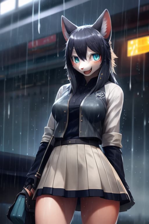  masterpiece, best quality, perfect anatomy, bright eyes, watery eyes, by t.y.stars, by null ghost, by k0bit0wani, (felis:0.25), female,solo, short skirt, (open smile:1.1), gentle, looking at viewer, train station, rain, (waterdrop:0.9), grey sky, raining, (fog:0.4), detailed background hyperrealistic, full body, detailed clothing, highly detailed, cinematic lighting, stunningly beautiful, intricate, sharp focus, f/1. 8, 85mm, (centered image composition), (professionally color graded), ((bright soft diffused light)), volumetric fog, trending on instagram, trending on tumblr, HDR 4K, 8K