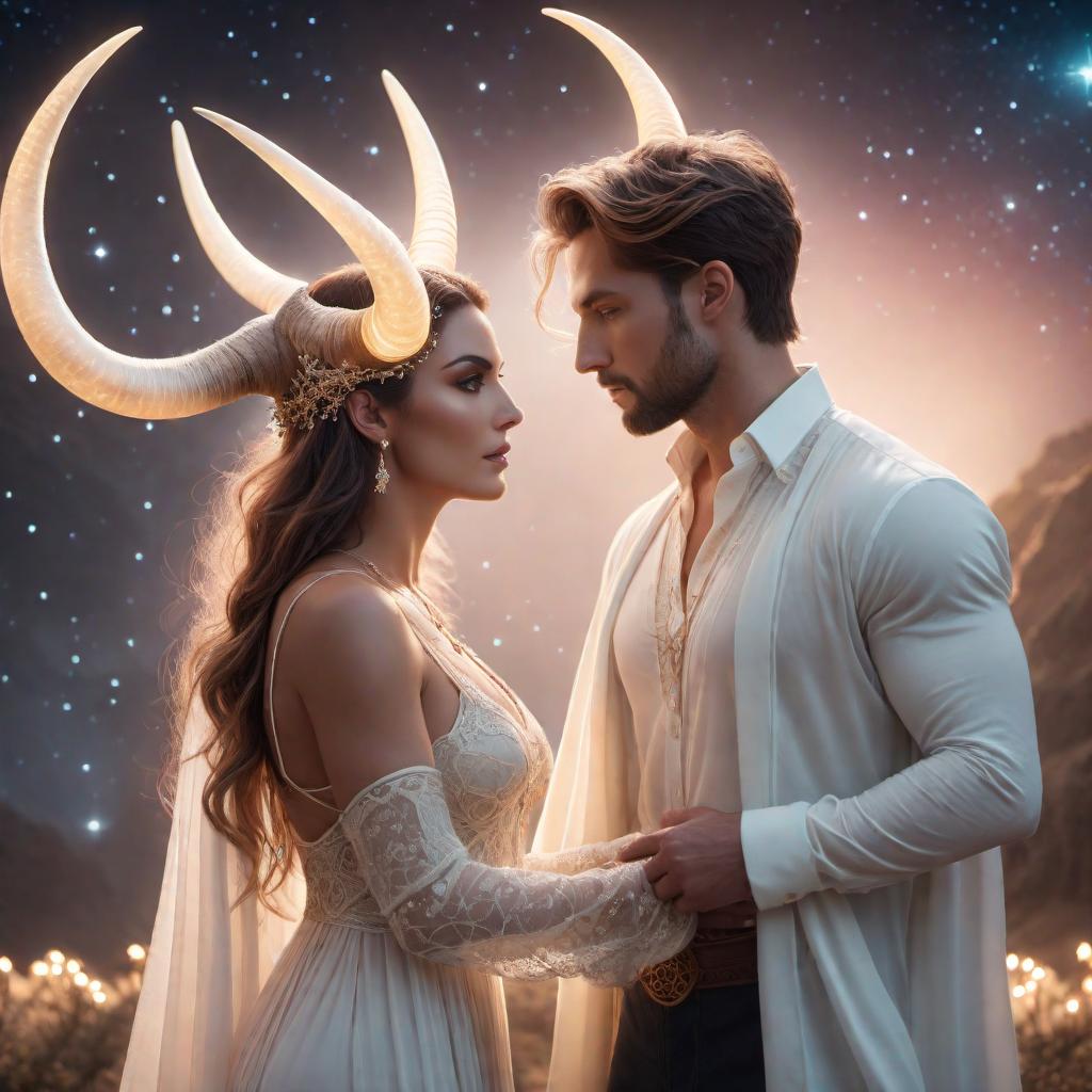  Gemini female and Taurus male as a romantic couple in a fantasy lofi style. The scene features a dreamy, mystical atmosphere with soft, glowing lights and ethereal colors. The Taurus male has a strong and nurturing presence with distinctive ox horns, while the Gemini female has a soft and delicate appearance. They are surrounded by zodiac symbols, stars, and a serene background, reflecting their romantic connection. hyperrealistic, full body, detailed clothing, highly detailed, cinematic lighting, stunningly beautiful, intricate, sharp focus, f/1. 8, 85mm, (centered image composition), (professionally color graded), ((bright soft diffused light)), volumetric fog, trending on instagram, trending on tumblr, HDR 4K, 8K