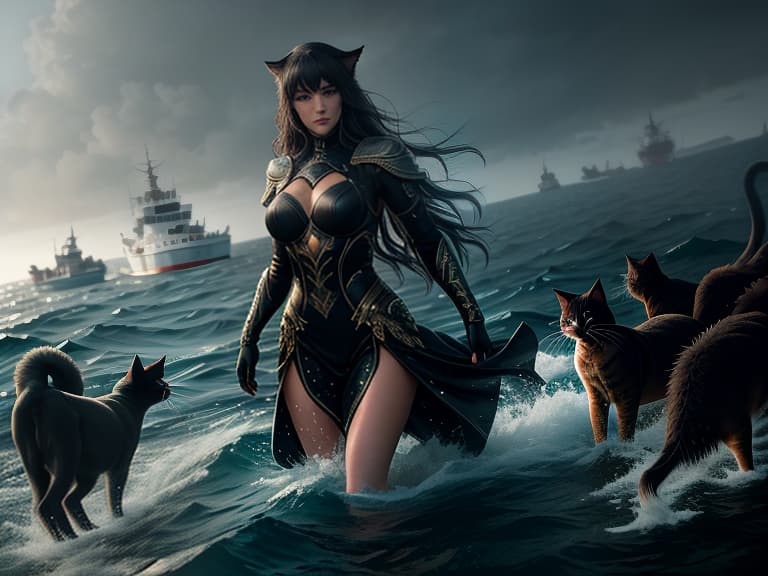  one women swimming in pure water with a lot of cats in black sea hyperrealistic, full body, detailed clothing, highly detailed, cinematic lighting, stunningly beautiful, intricate, sharp focus, f/1. 8, 85mm, (centered image composition), (professionally color graded), ((bright soft diffused light)), volumetric fog, trending on instagram, trending on tumblr, HDR 4K, 8K