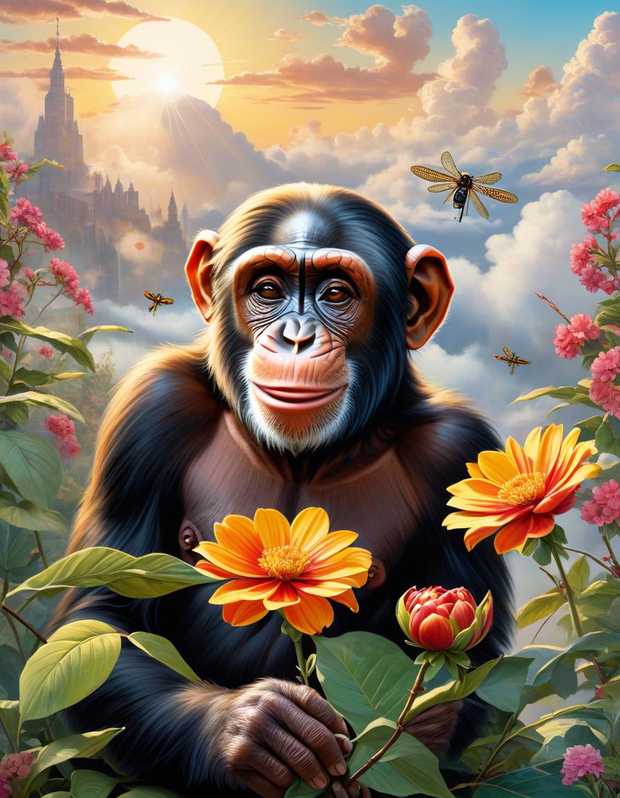  A chimpanzee holding a flower is happy with the sun in the sky (postcard in the style of the Soviet Union: 1.4), extraordinary clouds, a stunning watercolor painting, dragonflies and beetles fly around in the sky, bright colors, detailed drawing, Soviet art, strongly expressed Soviet style. hyperrealistic, full body, detailed clothing, highly detailed, cinematic lighting, stunningly beautiful, intricate, sharp focus, f/1. 8, 85mm, (centered image composition), (professionally color graded), ((bright soft diffused light)), volumetric fog, trending on instagram, trending on tumblr, HDR 4K, 8K