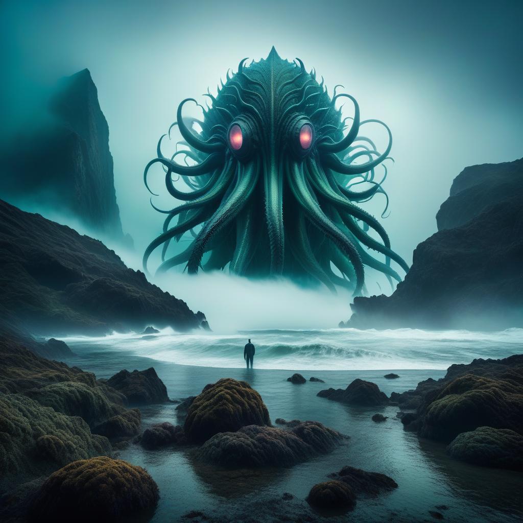  lovecraftian horror monster, huge, sea, sea . eldritch, cosmic horror, unknown, mysterious, surreal, highly detailed hyperrealistic, full body, detailed clothing, highly detailed, cinematic lighting, stunningly beautiful, intricate, sharp focus, f/1. 8, 85mm, (centered image composition), (professionally color graded), ((bright soft diffused light)), volumetric fog, trending on instagram, trending on tumblr, HDR 4K, 8K