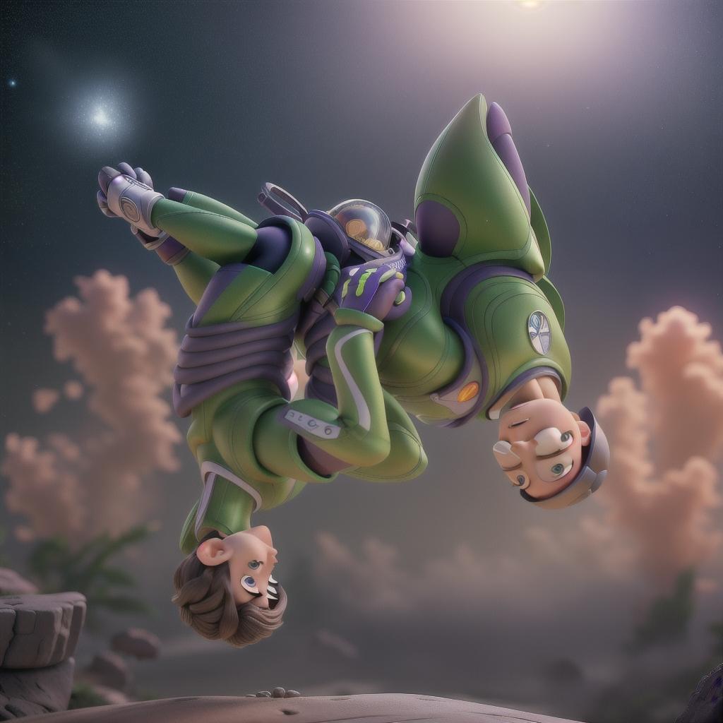  Buzz lightyear backflip hyperrealistic, full body, detailed clothing, highly detailed, cinematic lighting, stunningly beautiful, intricate, sharp focus, f/1. 8, 85mm, (centered image composition), (professionally color graded), ((bright soft diffused light)), volumetric fog, trending on instagram, trending on tumblr, HDR 4K, 8K