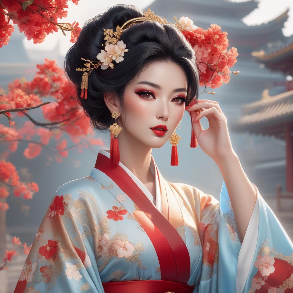  Create an image of an elegant Asian woman with light skin and almond eyes accented by red eyeshadow. Her luscious black hair is styled in a traditional updo adorned with gold hair accessories, white and red flowers, and long red tassel earrings. She is wearing a silk kimono with pale blue and red tones, patterned with subtle floral designs. The kimono is cinched at the waist with a wide red belt featuring golden details. Include a serene expression on her face and her delicate hands visible, one holding a small white bowl. The background should evoke a watercolor style with a blend of soft reds, oranges, and neutrals, hints of floral motifs, and a faded image of an Asian style pillar.Elegant digital artwork of a woman with Asian features, a hyperrealistic, full body, detailed clothing, highly detailed, cinematic lighting, stunningly beautiful, intricate, sharp focus, f/1. 8, 85mm, (centered image composition), (professionally color graded), ((bright soft diffused light)), volumetric fog, trending on instagram, trending on tumblr, HDR 4K, 8K