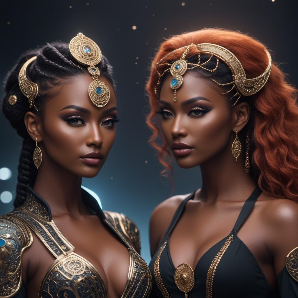  Gemini twin zodiac, light black skin, fantasy, lofi art style hyperrealistic, full body, detailed clothing, highly detailed, cinematic lighting, stunningly beautiful, intricate, sharp focus, f/1. 8, 85mm, (centered image composition), (professionally color graded), ((bright soft diffused light)), volumetric fog, trending on instagram, trending on tumblr, HDR 4K, 8K