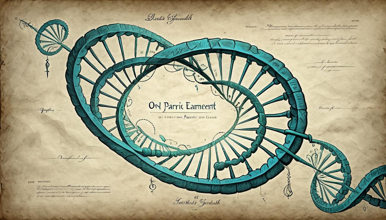  on parchment, surrealism+++, Double helix DNA strand with glowing edges, interwoven with softly glowing lines, scientific yet mystical vibe, dynamic feedback loop, perpetual motion(mysterious, provocative, symbolic,muted color)+++