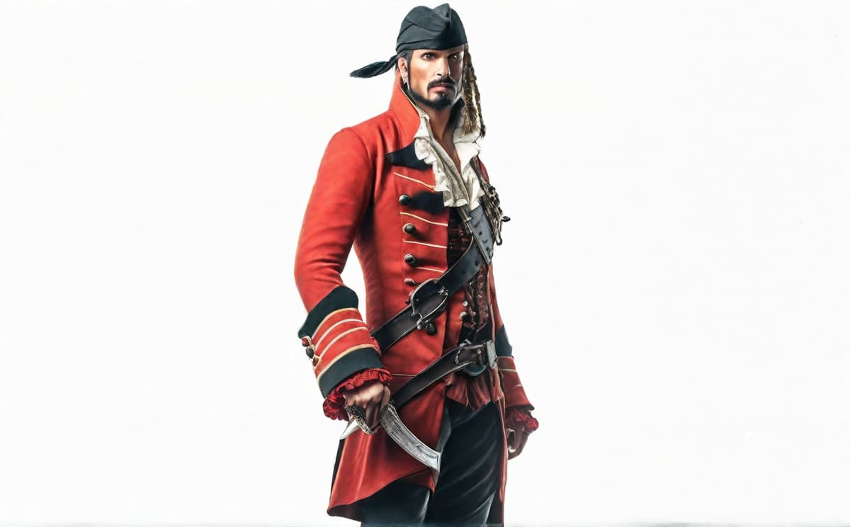  pirate hyperrealistic, full body, detailed clothing, highly detailed, cinematic lighting, stunningly beautiful, intricate, sharp focus, f/1. 8, 85mm, (centered image composition), (professionally color graded), ((bright soft diffused light)), volumetric fog, trending on instagram, trending on tumblr, HDR 4K, 8K