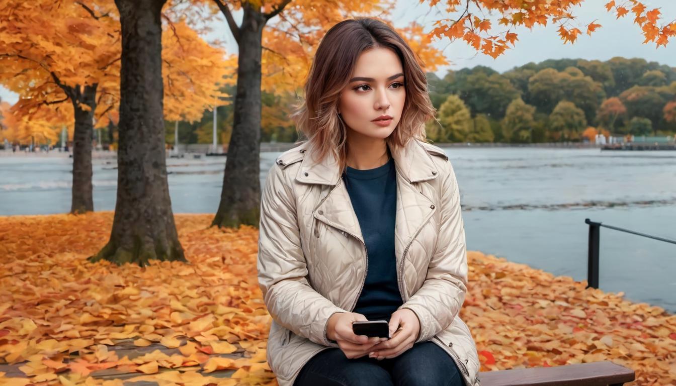  digital illustration, 1woman, looking at her phone with a disappointed expression, outdoors on a bench, autumn leaves around, wearing a light jacket, a sense of waiting and frustration, looking at viewer, dynamic pose, (intricate details, masterpiece, best quality)