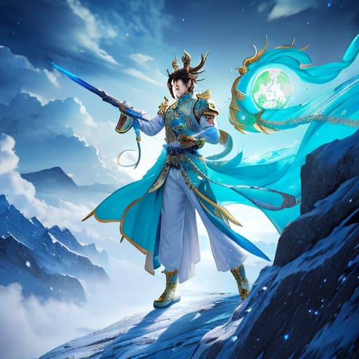  Prince Qinglong is a legendary god, wearing gorgeous cyan armor and holding a dragon shaped magic weapon. The background is a majestic temple, surrounded by images of clouds and dragons. The overall atmosphere is full of mystery and majesty. hyperrealistic, full body, detailed clothing, highly detailed, cinematic lighting, stunningly beautiful, intricate, sharp focus, f/1. 8, 85mm, (centered image composition), (professionally color graded), ((bright soft diffused light)), volumetric fog, trending on instagram, trending on tumblr, HDR 4K, 8K