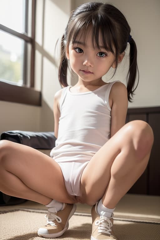  Very small , very brown tanned skin, big eyes, very young face, open smile, thin pigtails, abnormally small like figure, flat , (), standing pose, one leg raised pose, (), (()), ((uncensored)), skin colored tan lines, urinating, short socks, sneakers, very small ,sneaker,(voar), hairless ,face, smile, (Masterpiece, BestQuality:1.3), (ultra detailed:1.2), (hyperrealistic:1.3), (RAW photo:1.2),High detail RAW color photo, professional photograph, (Photorealistic:1.4), (realistic:1.4), ,professional lighting, (japanese), beautiful face, (realistic face)