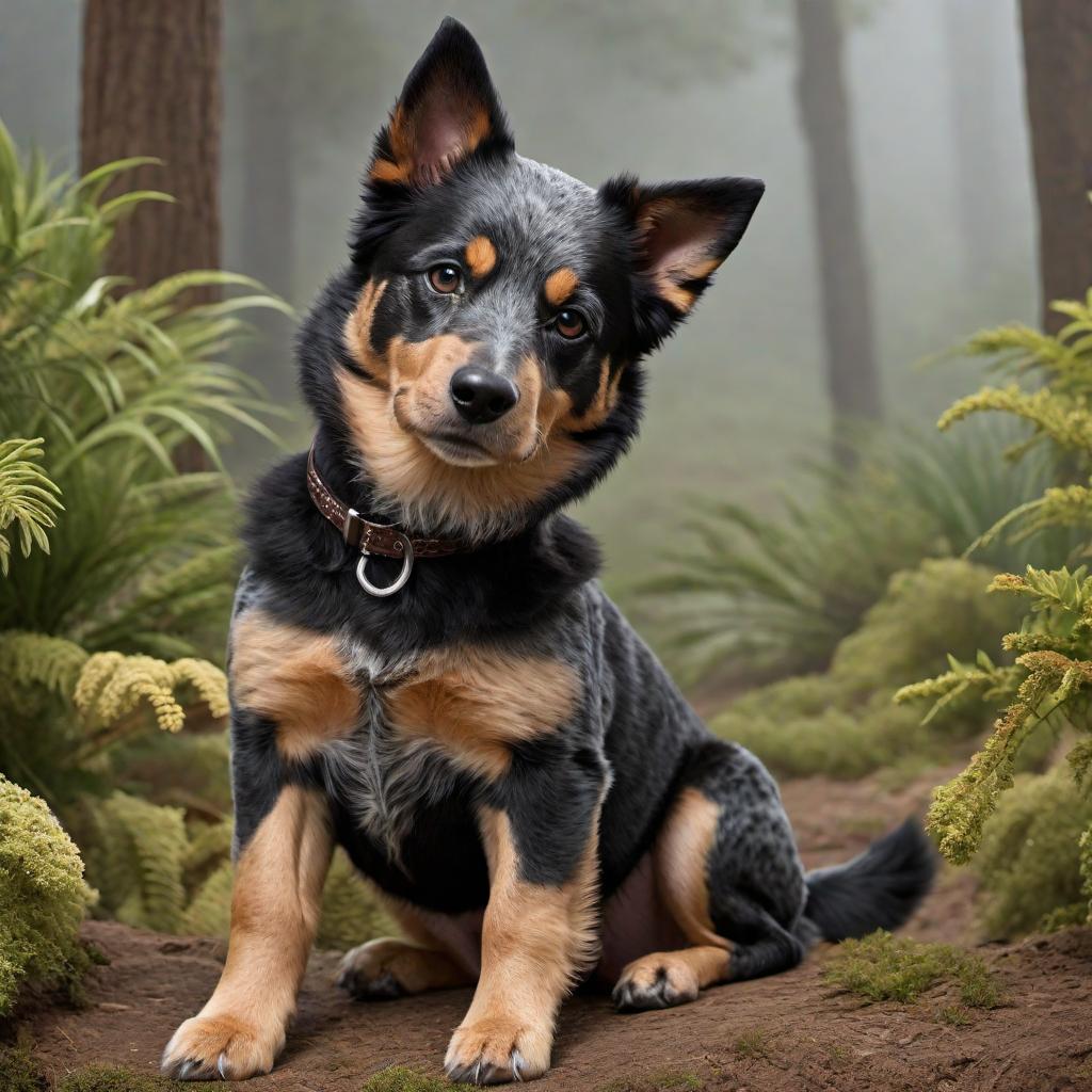  A Poodle mixed with Queensland Heeler (Australian Cattle Dog), highlighting characteristics from both breeds. The dog has a black and brown coat with the signature Poodle face hair, including curly fur around the face. Show the dog in a friendly and playful outdoor pose, ensuring it captures the unique mix of both breeds. hyperrealistic, full body, detailed clothing, highly detailed, cinematic lighting, stunningly beautiful, intricate, sharp focus, f/1. 8, 85mm, (centered image composition), (professionally color graded), ((bright soft diffused light)), volumetric fog, trending on instagram, trending on tumblr, HDR 4K, 8K