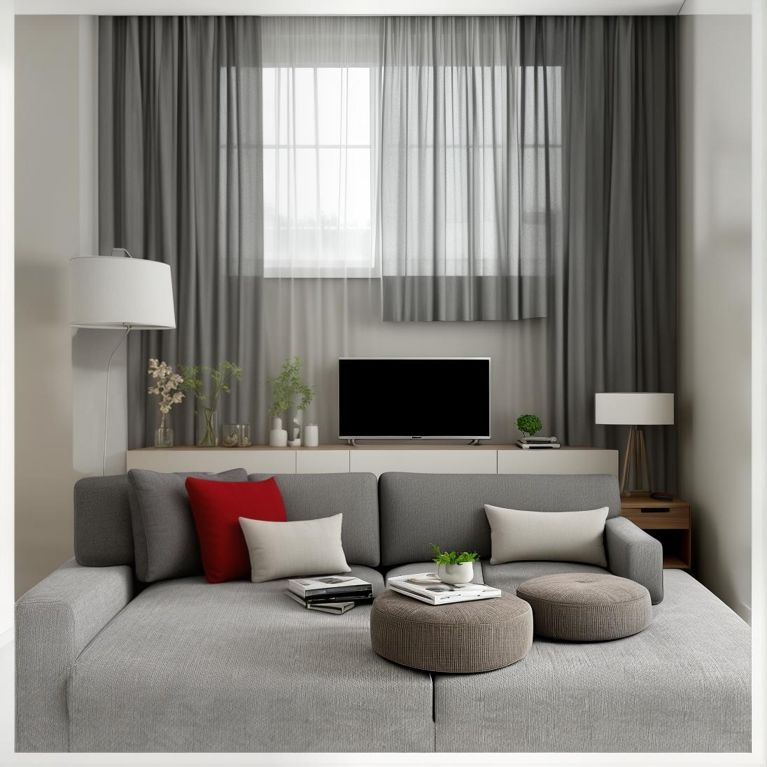  ((tv)), modern, modernity, a living room with a gray couch and pillows, main colour black