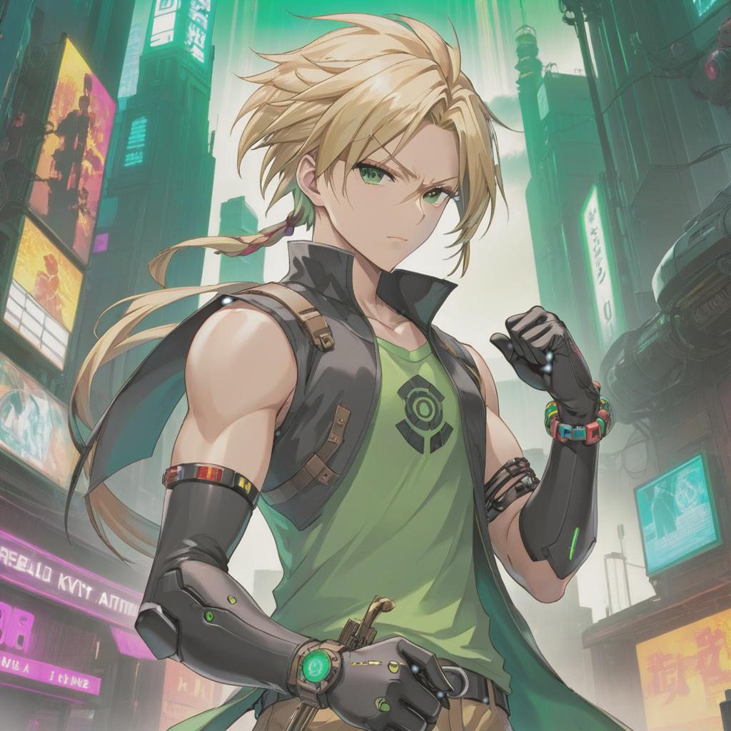  anime artwork Anime guy, manly, grown up, blond, messy short hair, long ponytail at the back, green sleeveless shirt, bracelets, black gloves, intellectual, cyberpunk. . anime style, key visual, vibrant, studio anime, highly detailed hyperrealistic, full body, detailed clothing, highly detailed, cinematic lighting, stunningly beautiful, intricate, sharp focus, f/1. 8, 85mm, (centered image composition), (professionally color graded), ((bright soft diffused light)), volumetric fog, trending on instagram, trending on tumblr, HDR 4K, 8K