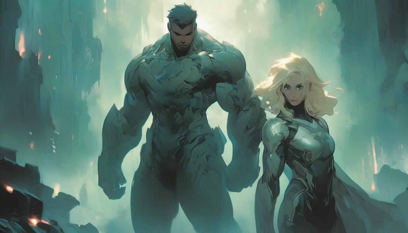  hyperrealism,fantasy aesthetic1man1woman, large busted attractive brunette arian female humanoid and handsome blonde arian male humanoid, navigating through dense fog, expressions of realization, subtle light guiding them, high tech clothing clad in sleek, futuristic costume with metallic accents and form fitting designs, marvel superhero comics style, unreal engine rendering