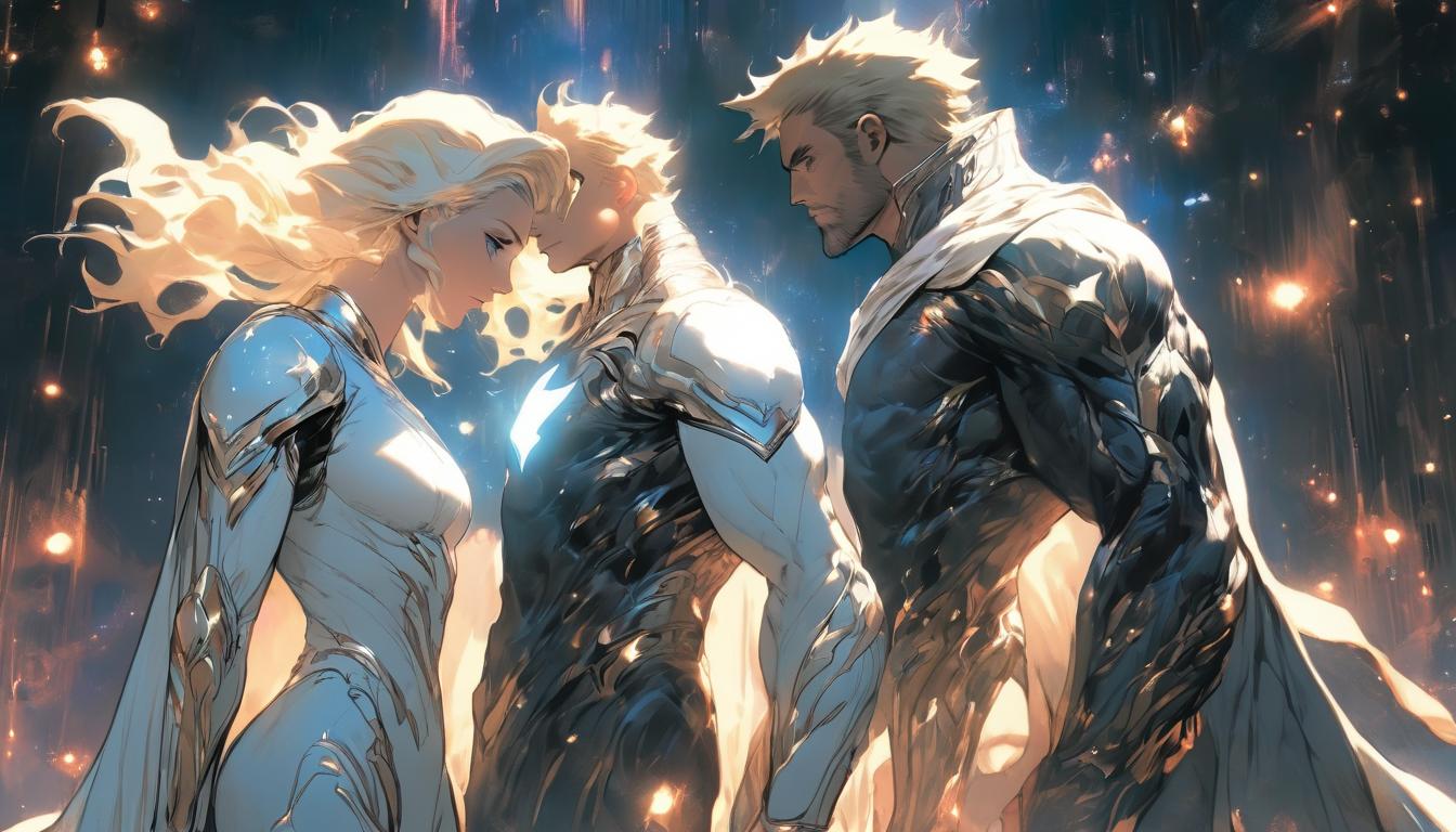  hyperrealism,fantasy aesthetic1man1woman, attractive blonde large busted arian female and arian male humanoid, flowing white robes, meditative poses, surrounded by an aura of light, background of ethereal space filled with stars and galaxies, mood of serene spiritual clarity, high tech clothing clad in sleek, futuristic costume with metallic accents and form fitting designs, marvel superhero comics style, unreal engine rendering