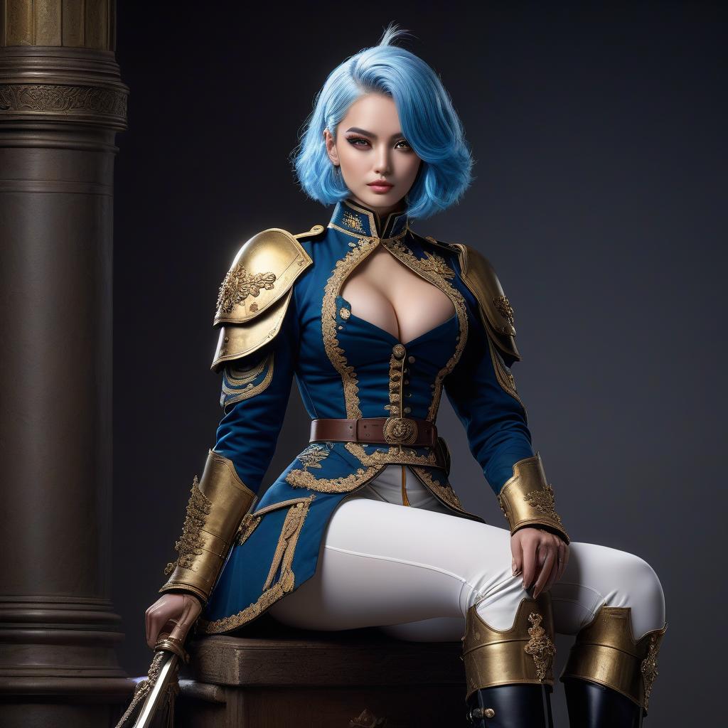  Girl, female cuirassier, ((full body)), blue hair, bob cut, bright yellow eyes, Girl, female cuirassier, ((full body)), blue hair, bob cut, bright yellow eyes, hourglass figure, fully clothed, military uniform, (19th century ceremonial uniform), (cuirass), white clothes, white cloak, ((white leggings )), riding pants, black boots, over the knee boots, thigh high boots, tight boots, belt, choker, epaulettes, awards, (epic pose), looking at viewer, looking down, evil grin, (extremely hyper detailed face), (masterpiece : 1.4), (perfect eyes: 1.1), (perfect hands), 2D, anime, extremely detailed clothes. hyperrealistic, full body, detailed clothing, highly detailed, cinematic lighting, stunningly beautiful, intricate, sharp focus, f/1. 8, 85mm, (centered image composition), (professionally color graded), ((bright soft diffused light)), volumetric fog, trending on instagram, trending on tumblr, HDR 4K, 8K