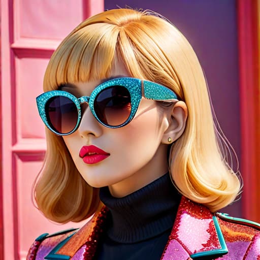  Subject detail: the image depicts a Highly detailed pair of sunglasses with vintage styling, The sunglasses are made from a combination of glitter, metallic, coloured acetate. Art style: in the mixed art style of Irregular Choice, and Osamu Tezuka. Medium: This artwork is highly detailed and photorealistic. hyperrealistic, full body, detailed clothing, highly detailed, cinematic lighting, stunningly beautiful, intricate, sharp focus, f/1. 8, 85mm, (centered image composition), (professionally color graded), ((bright soft diffused light)), volumetric fog, trending on instagram, trending on tumblr, HDR 4K, 8K