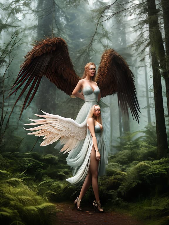  A with wings in the forest. hyperrealistic, full body, detailed clothing, highly detailed, cinematic lighting, stunningly beautiful, intricate, sharp focus, f/1. 8, 85mm, (centered image composition), (professionally color graded), ((bright soft diffused light)), volumetric fog, trending on instagram, trending on tumblr, HDR 4K, 8K