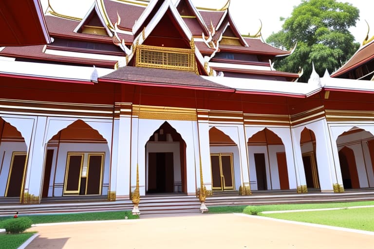  A very wide area is the ground outside a very old Thai palace.