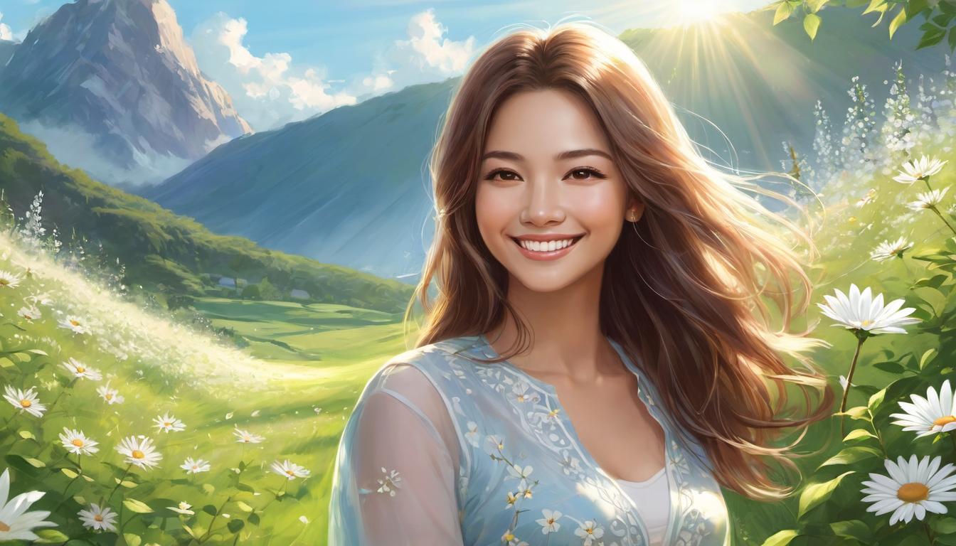  digital illustration, 1woman, gently holding a blossoming flower, radiant smile, sunlit meadow, light breeze moving her hair, sense of joy and growth, happiness radiating, blooming, carefree, pure, looking at viewer, dynamic pose, (intricate details, masterpiece, best quality)