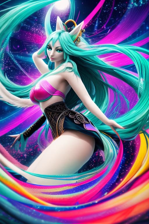  ultra realistic close up portrait ,real,8K, (masterpiece, best quality, highres:1.2), (intricate and beautiful:1.2), (detailed light:1.2), (colorful, dynamic angle), upper body shot, fashion photography of cute, intense long hair, (Hatsune Miku), dancing pose, flirting with POV, dynamic pose, soft moonlight passing through hair, (abstract colorful art background:1.3), (official art), (cinematic) hyperrealistic, full body, detailed clothing, highly detailed, cinematic lighting, stunningly beautiful, intricate, sharp focus, f/1. 8, 85mm, (centered image composition), (professionally color graded), ((bright soft diffused light)), volumetric fog, trending on instagram, trending on tumblr, HDR 4K, 8K
