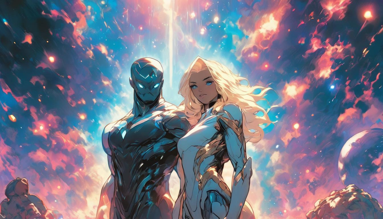  hyperrealism,fantasy aesthetic1man1woman, large busted attractive blonde arian female humanoid and handsome arian male humanoid, standing together on a cosmic platform, holding hands, unity and cosmic transformation, high tech clothing clad in sleek, futuristic costume with metallic accents and form fitting designs, marvel superhero comics style, unreal engine rendering