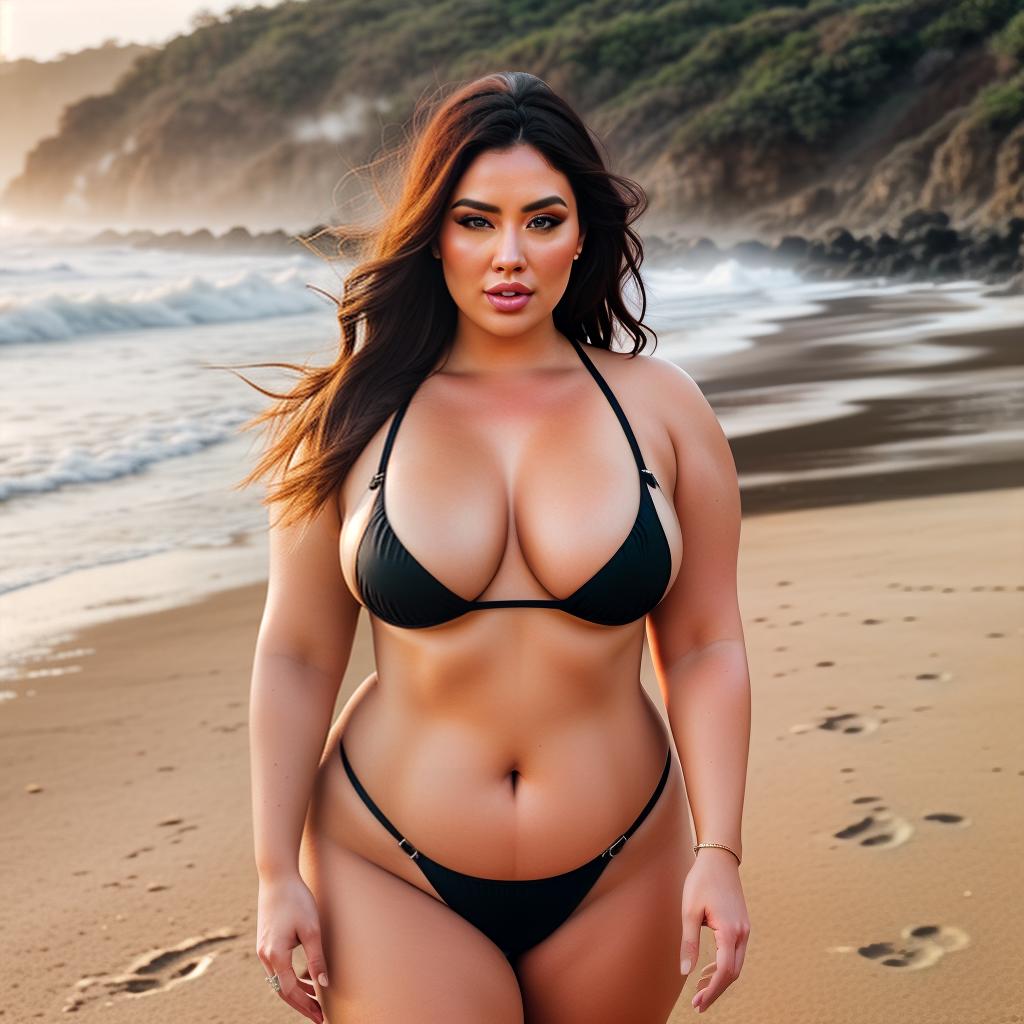  a Chubby American gir at beach, portrait hyperrealistic, full body, detailed clothing, highly detailed, cinematic lighting, stunningly beautiful, intricate, sharp focus, f/1. 8, 85mm, (centered image composition), (professionally color graded), ((bright soft diffused light)), volumetric fog, trending on instagram, trending on tumblr, HDR 4K, 8K