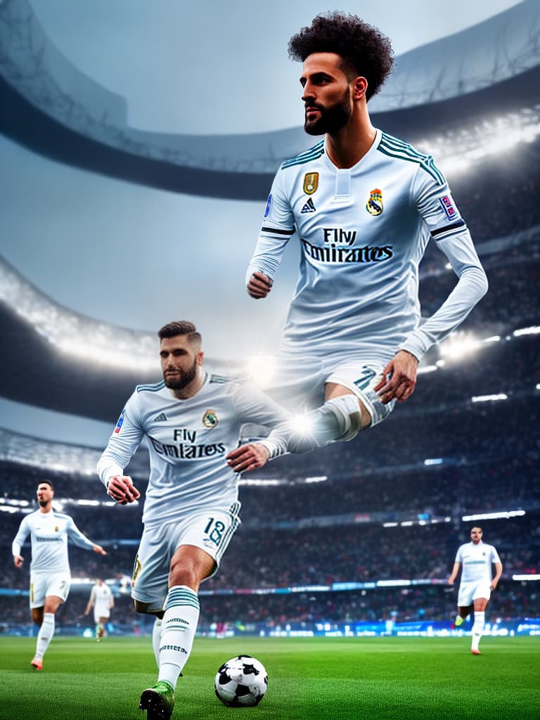  Soccer player standing in Sandiago Bernauer wearing a Real Madrid jersey. hyperrealistic, full body, detailed clothing, highly detailed, cinematic lighting, stunningly beautiful, intricate, sharp focus, f/1. 8, 85mm, (centered image composition), (professionally color graded), ((bright soft diffused light)), volumetric fog, trending on instagram, trending on tumblr, HDR 4K, 8K