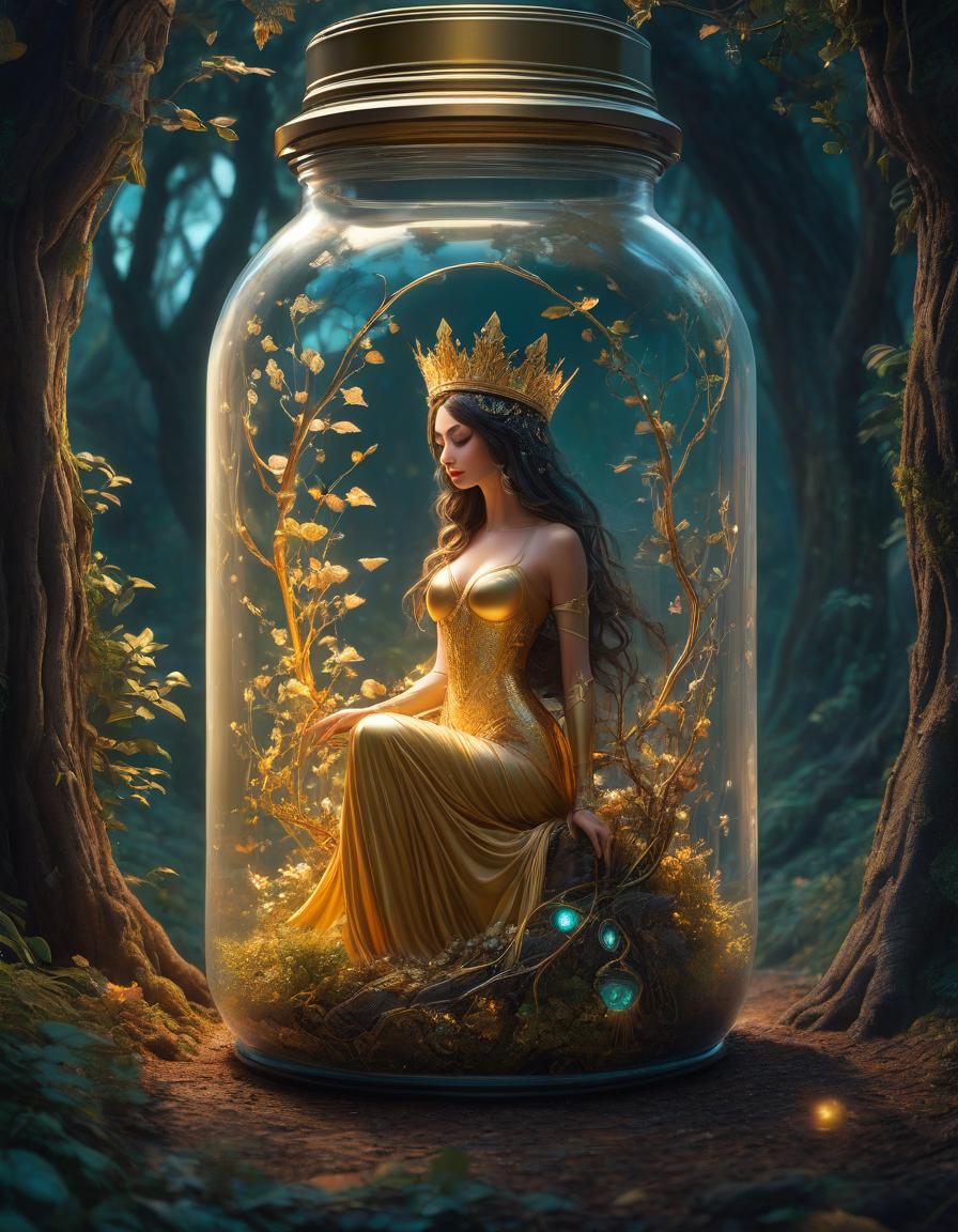  (digital art, masterpiece, difficulty: 1.3), under a tree, locked in a jar, a beautiful fairy queen wearing a small golden crown on her head, inspired by the style of Cyril Rolando (influenced by Beeple and Jeremiah Ketner: 1,2), (inspired by Josan Gonzalez and Dan Mumford): 1.1, surreal and whimsical concept, detailed and thoughtful design of the can, bright and dreamlike colors, fantastic setting, high definition rendering, captivating combination of styles, intricate patterns and textures, unearthly glow, magical atmosphere, fairy tale, fantasy hyperrealistic, full body, detailed clothing, highly detailed, cinematic lighting, stunningly beautiful, intricate, sharp focus, f/1. 8, 85mm, (centered image composition), (professionally color graded), ((bright soft diffused light)), volumetric fog, trending on instagram, trending on tumblr, HDR 4K, 8K