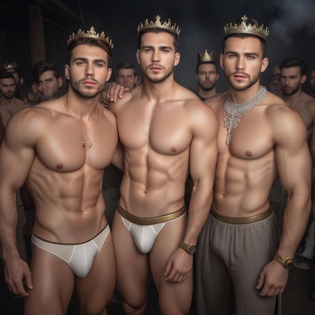  Young men, brunettes, with crowns on their heads. hyperrealistic, full body, detailed clothing, highly detailed, cinematic lighting, stunningly beautiful, intricate, sharp focus, f/1. 8, 85mm, (centered image composition), (professionally color graded), ((bright soft diffused light)), volumetric fog, trending on instagram, trending on tumblr, HDR 4K, 8K