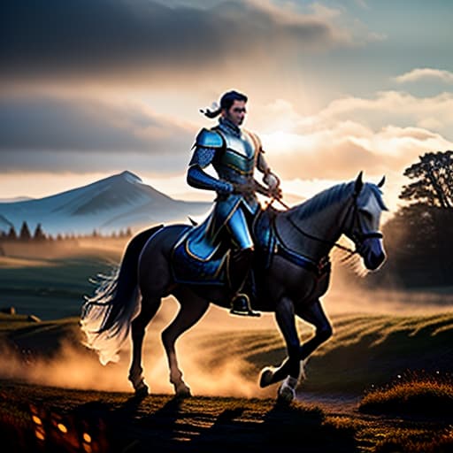  A dark haired male elf with blue armor rides a white horse, galloping across a gloomy plain, sparkling in the dark, oil, impressionism. hyperrealistic, full body, detailed clothing, highly detailed, cinematic lighting, stunningly beautiful, intricate, sharp focus, f/1. 8, 85mm, (centered image composition), (professionally color graded), ((bright soft diffused light)), volumetric fog, trending on instagram, trending on tumblr, HDR 4K, 8K