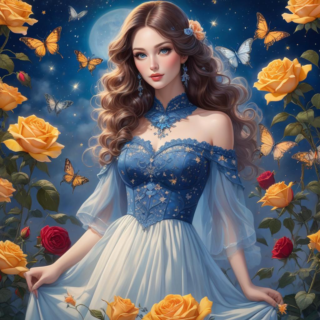  A whimsical portrait of a woman with gles, ids, and a starry night background, featuring vint flowers and erflies. Starry night. Beautiful, cute freckled 2 model with beautiful eyes, ids and gles in beautiful blue dress. Stunningly beautiful place. splashes of lovely color. roses and erflies. Colorful Painting painted by genius painter. hyperrealistic, full body, detailed clothing, highly detailed, cinematic lighting, stunningly beautiful, intricate, sharp focus, f/1. 8, 85mm, (centered image composition), (professionally color graded), ((bright soft diffused light)), volumetric fog, trending on instagram, trending on tumblr, HDR 4K, 8K