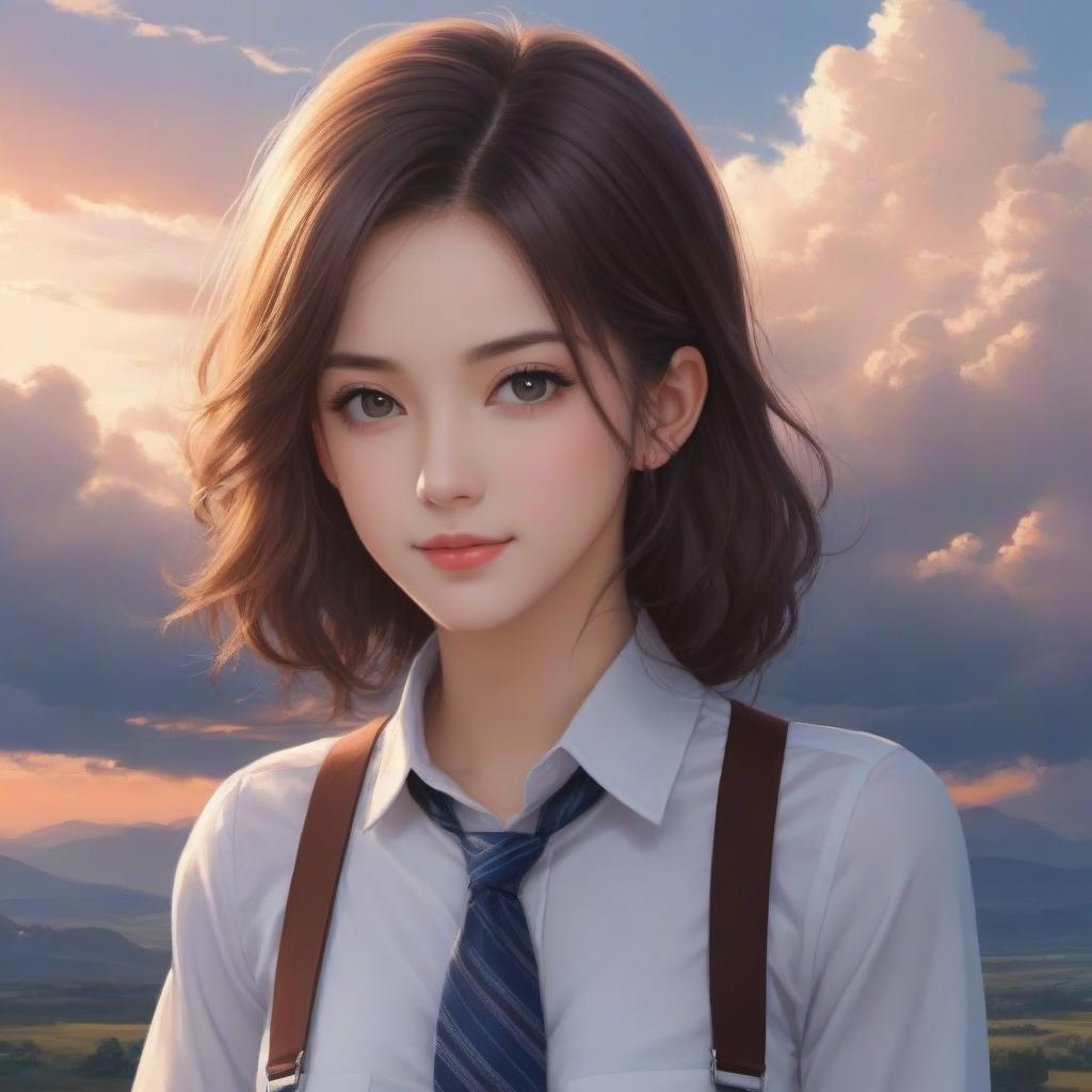  a girl with a tie and suspenders standing in front of a cloudy sky, realistic anime style at pixiv, beautiful anime art style, smooth anime cg art, stunning anime face portrait, guweiz and makoto shinkai, makoto shinkai and artgerm, beautiful anime portrait, beautiful anime artwork, anime visual of a young woman, high detailed face anime