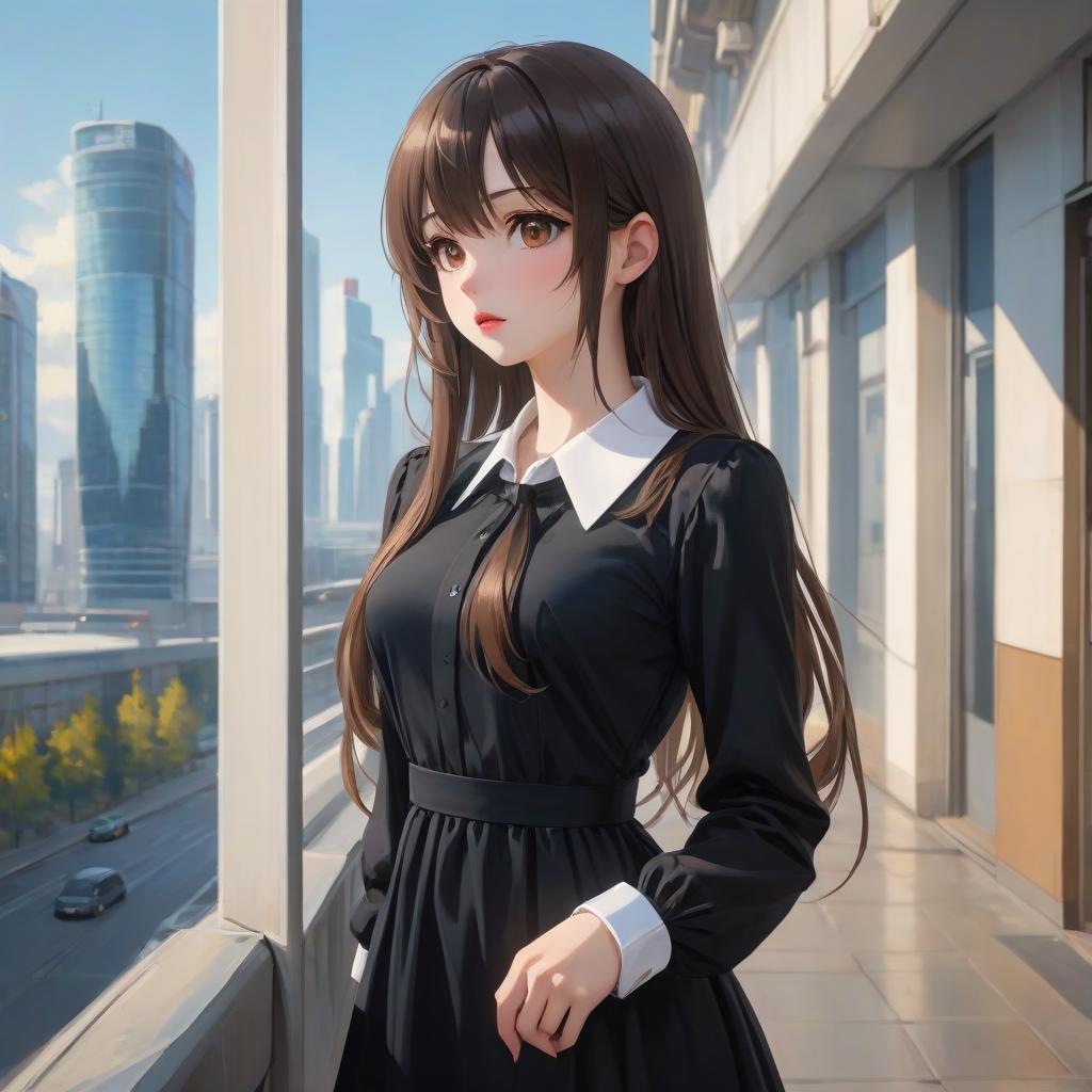  anime artwork beautiful , , oblique bangs, a mole under the lower lip in the middle of the chin. white skinned, European, brown eyes, long brown straight hair, side bangs, mole under the lower lip, slender figure, small neat s, dressed in a black dress with a white collar and white cuffs, full length, against the backdrop of a modern city. Skyscrs of Moscow City (photorealism, oil painting: 1.3), (full length shot: 1.3), charming , long flowing black hair, (large sensual mouth: 1.2), plump lips, sparkling brown eyes , narrow waist, (sensual drawing: 1.2), silvery glow, ethereal aura, detailed brushwork, intricate shadows and highlights, mysterious and captivating expression, unique color palette, masterf hyperrealistic, full body, detailed clothing, highly detailed, cinematic lighting, stunningly beautiful, intricate, sharp focus, f/1. 8, 85mm, (centered image composition), (professionally color graded), ((bright soft diffused light)), volumetric fog, trending on instagram, trending on tumblr, HDR 4K, 8K