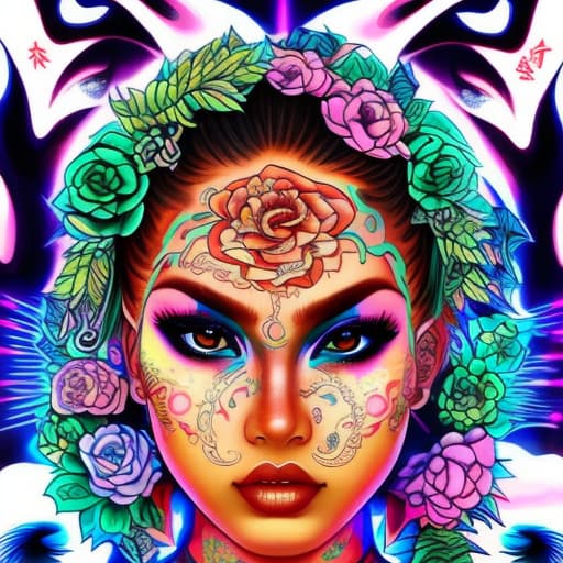 portrait+ style Check out this stunning tattoo sketch featuring a fierce brunette woman! Her Japanese, Puerto Rican, and Scandinavian roots shine through in the intricate artwork. Urban motifs like roses, peonies, and chrysanthemums blend seamlessly with symbols of skulls, money, and coy fish, creating a unique fusion of cultures. This traditional pinup style design beautifully incorporates influences from Puerto Rican and Japanese street gang culture, resulting in a mesmerizing blend of cultural symbolism and artistic expression.