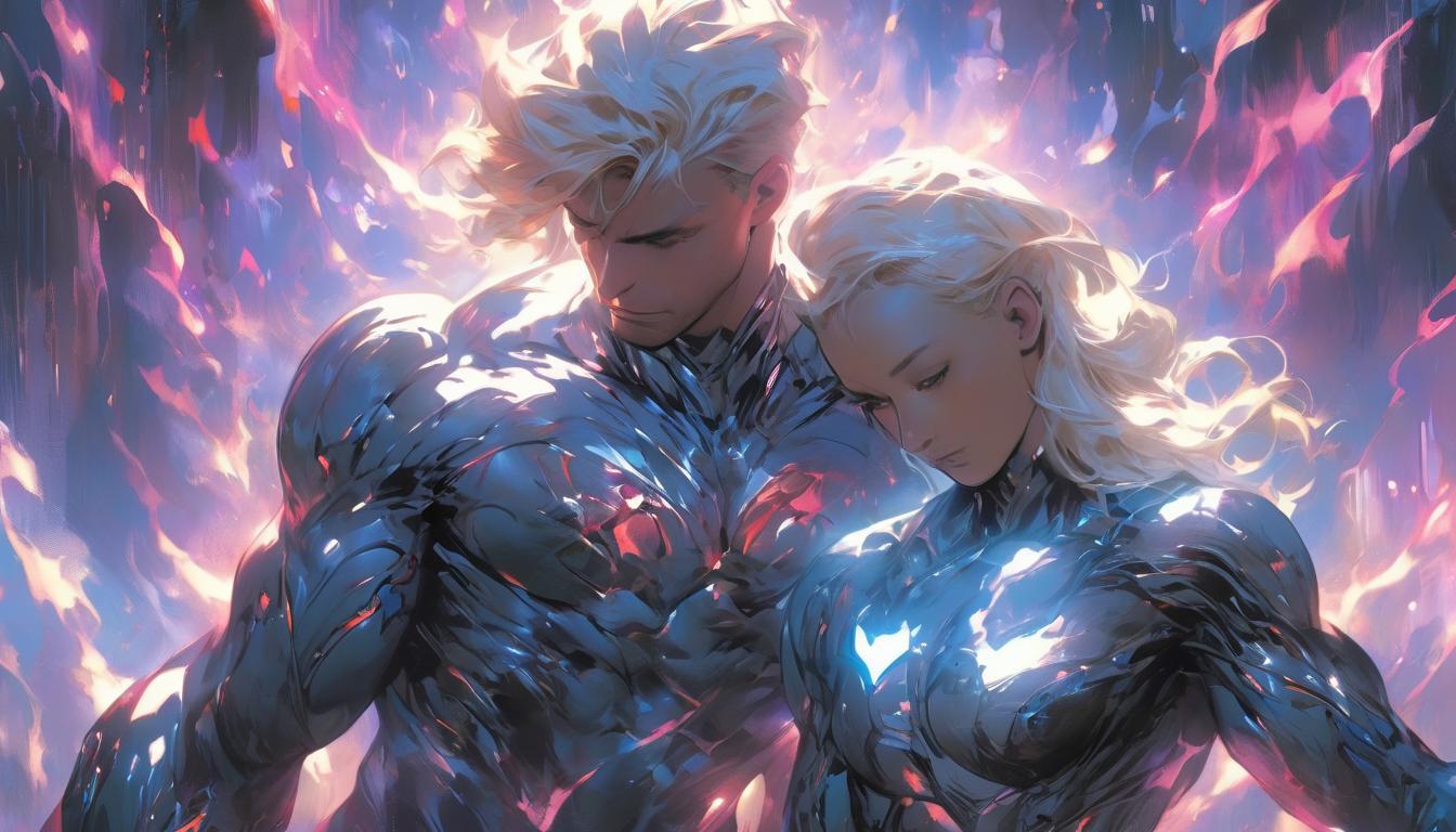  hyperrealism,fantasy aesthetic1man1woman, large busted attractive blonde arian female humanoid and handsome blonde male humanoid, laying on energy beds, gentle light beams scanning their bodies, futuristic healing chamber, high tech clothing clad in sleek, futuristic costume with metallic accents and form fitting designs, marvel superhero comics style, unreal engine rendering