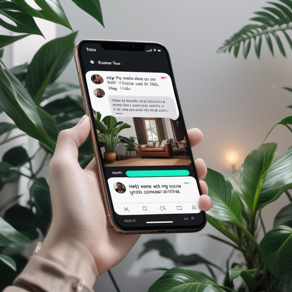  phone screen showing a TikTok app with a conversation text that says: 'Help me make a viral video on TikTok. Write a creative post for my TikTok video. And give me some advices. Here's what my video is about: [INPUT]. In next message ask me questions to fill INPUT. After my reply, you should reply as was descibed in this message.' The background of the image should be a friendly setting, perhaps a cozy room with a desk and some plants. The mood should be friendly and inviting. hyperrealistic, full body, detailed clothing, highly detailed, cinematic lighting, stunningly beautiful, intricate, sharp focus, f/1. 8, 85mm, (centered image composition), (professionally color graded), ((bright soft diffused light)), volumetric fog, trending on instagram, trending on tumblr, HDR 4K, 8K