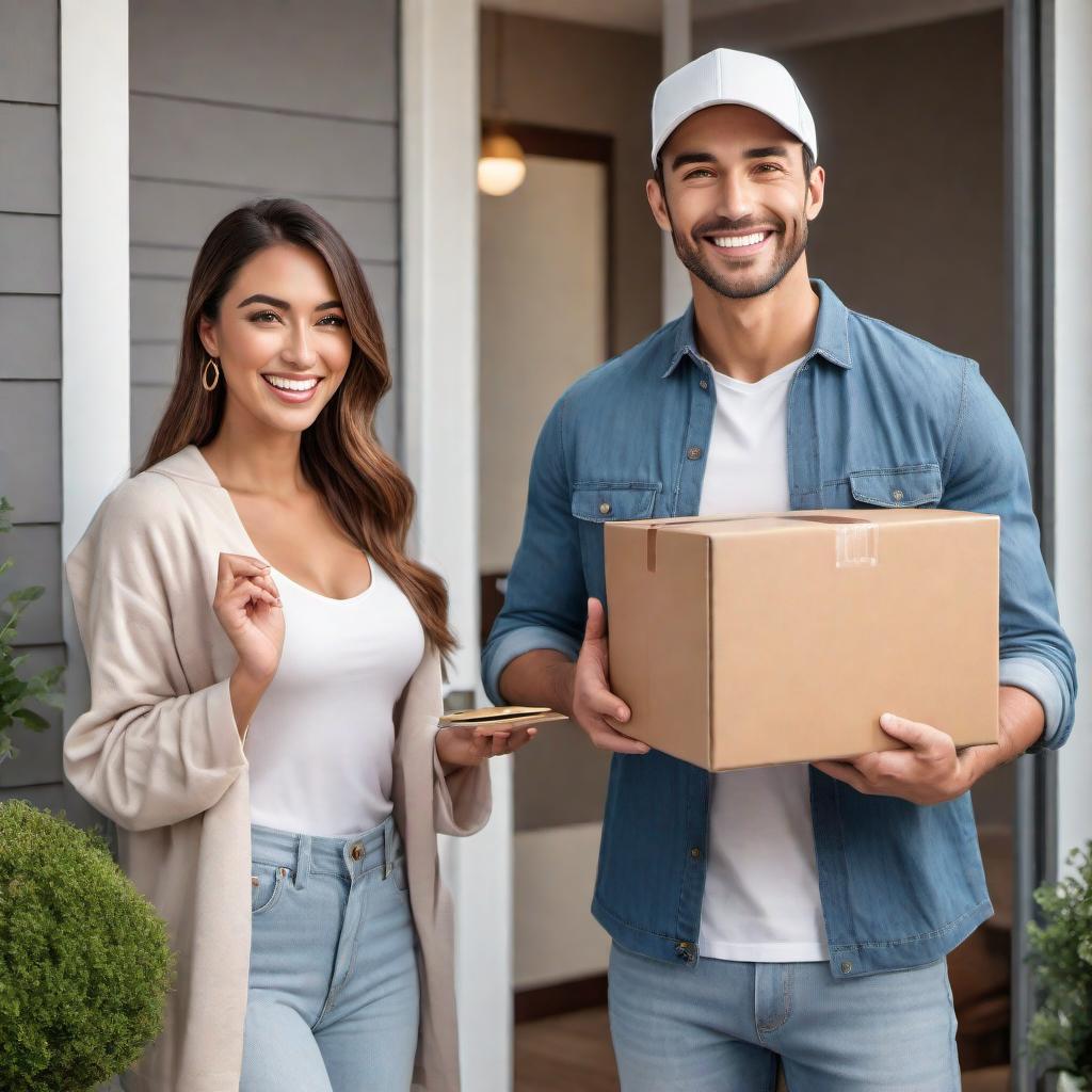  A millennial opening the door to their home, smiling widely and looking very happy while receiving a small box package from a delivery man. The scene should clearly convey the joy of the fast delivery. The millennial is dressed casually, perhaps in jeans and a t-shirt, and stands at the doorway of a modern, cozy home. The delivery man wears a uniform and cap, holding out the small box with a friendly expression. The millennial's expression should be one of excitement and gratitude. The background shows part of the home's interior, which looks tidy and inviting. hyperrealistic, full body, detailed clothing, highly detailed, cinematic lighting, stunningly beautiful, intricate, sharp focus, f/1. 8, 85mm, (centered image composition), (professionally color graded), ((bright soft diffused light)), volumetric fog, trending on instagram, trending on tumblr, HDR 4K, 8K